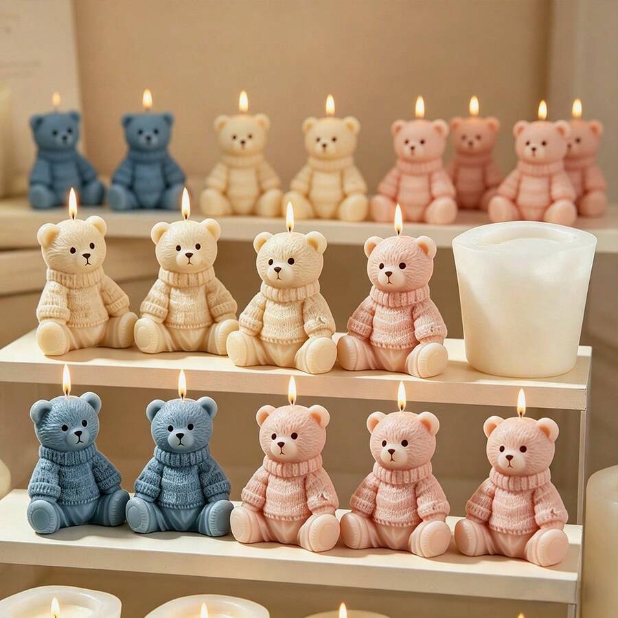 1/2pcs Mini Sweater Bear Silicone Candle Mold, Reusable Silicone Resin Casting Molds For DIY Scented Candles, Handmade Soap, Plaster, Aromatherapy Wax, Epoxy Resin Art, Home Decor, Valentine's Day, Baby Shower, Birthday Party Favors, Craft Supplies - Bear - View 1