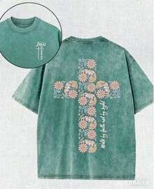 Summer Tops2026Christian Washed T-Shirt, Jesus, Faith, Floral Cross Pattern T-Shirt "Walk By Faith Not By Sight","Jesus Is Coming Soon", Religious Ele - 愛爾蘭綠 - 查看 6