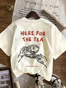 夏季新款女款針織正裝T恤，印有「HERE FORTHE TEA」圖案，短袖，簡約時尚，適合日常度假穿著 - 杏色 - 查看 4