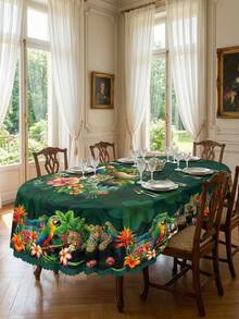 1 pieza Mantel con estampado de leopardo, loro y flores exóticas de estilo tropical y selva en color verde oscuro, estilo vintage elegante 100% poliéster, redondo/ovalado/rectangular/cuadrado con volante, a prueba de polvo y lavable para decoración del hogar, cocina, boda, mesa de comedor, centro de la habitación, decoración retro - Multicolor - Ver 13