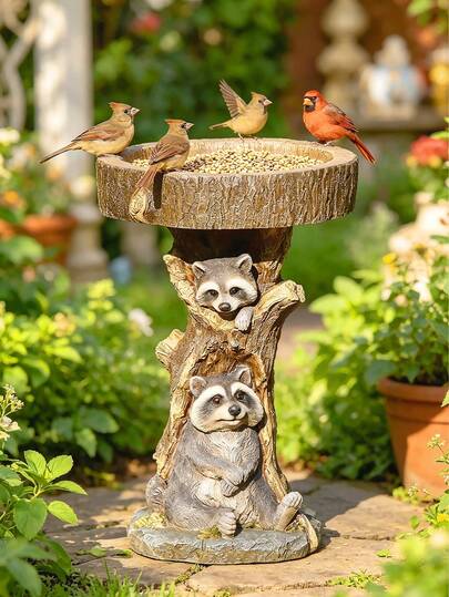 浣熊树桩造型喂鸟器，户外花园鸟浴盆及种子喂食器，适用于庭院、草坪装饰，观赏野生鸟类，吸引蜂鸟、红雀、雀类，装饰性动物雕塑喂鸟器，后院装饰，花园摆件，爱鸟人士礼物，花园景观户外喂鸟站，可爱浣熊雕像喂鸟器，庭院艺术喂鸟器，野生鸟类喂食器