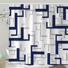 1pc 2D Geometric Pattern Navy Blue & Grey Abstract Pattern Shower Curtain, Durable Polyester Fabric, Waterproof, Easy To Hang, Bathtub Home Decor Upgrade, Elegant Minimalist Style Interior Design - Multicolor - View 7