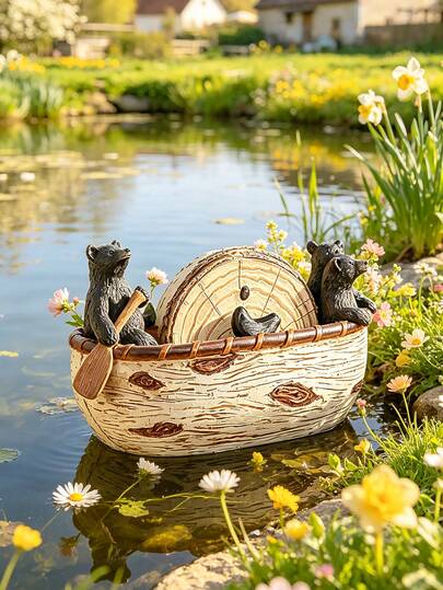 Bear Coasters Set - 3 Adorable Handmade Black Bear Figurines Paddling In Canoe With ,Garden,Garden Stuff,Home Decor Outdoor Decor