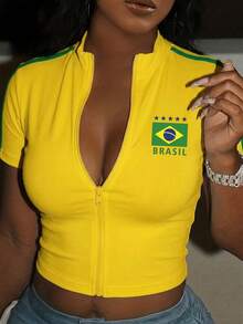 女士巴西拉链短袖露脐上衣 - 黄色运动修身衬衫，立领，撞色滚边，印有“BRASIL”字样，适合足球迷和运动休闲风格，性感修身黄色巴西标志前拉链露脐短袖上衣 - 薑色 - 查看 1