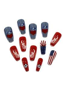 24pcs Independence Day USA Flag Wearable Football Statue Of Liberty Decorated Artificial Nails, Minimalist Style, Smooth Surface, Full Coverage Fake Nails, Suitable For Women And Girls Daily Wear - Multicolor - View 3