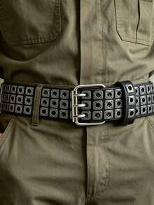 1 Piece Of Retro Eyelet Three-Row Hollow Punk Casual Men's Belt - Three-row Square Eyelet Belt - View 3