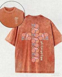 Summer Tops2026Christian Washed T-Shirt, Jesus, Faith, Floral Cross Pattern T-Shirt "Walk By Faith Not By Sight","Jesus Is Coming Soon", Religious Ele - 珊瑚橙 - 查看 6