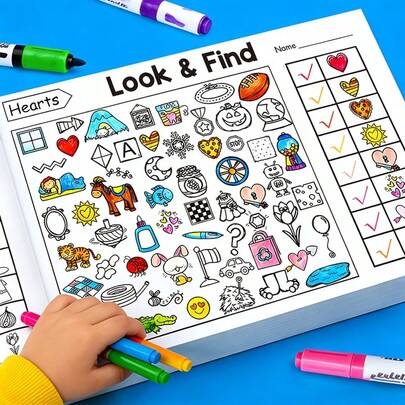 32页儿童找找看活动书，培养观察力和专注力，增加涂色乐趣，早期教育涂色练习册，适合家庭和学校使用，是一款益智玩具。