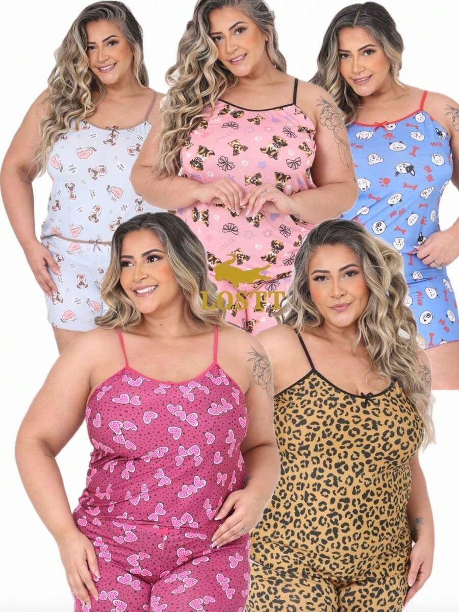 Kit 5 Baby Doll Plus Size com Detalhes no Busto em Microfibra  Estampada Short Doll Extra Grande Pijama Feminino.