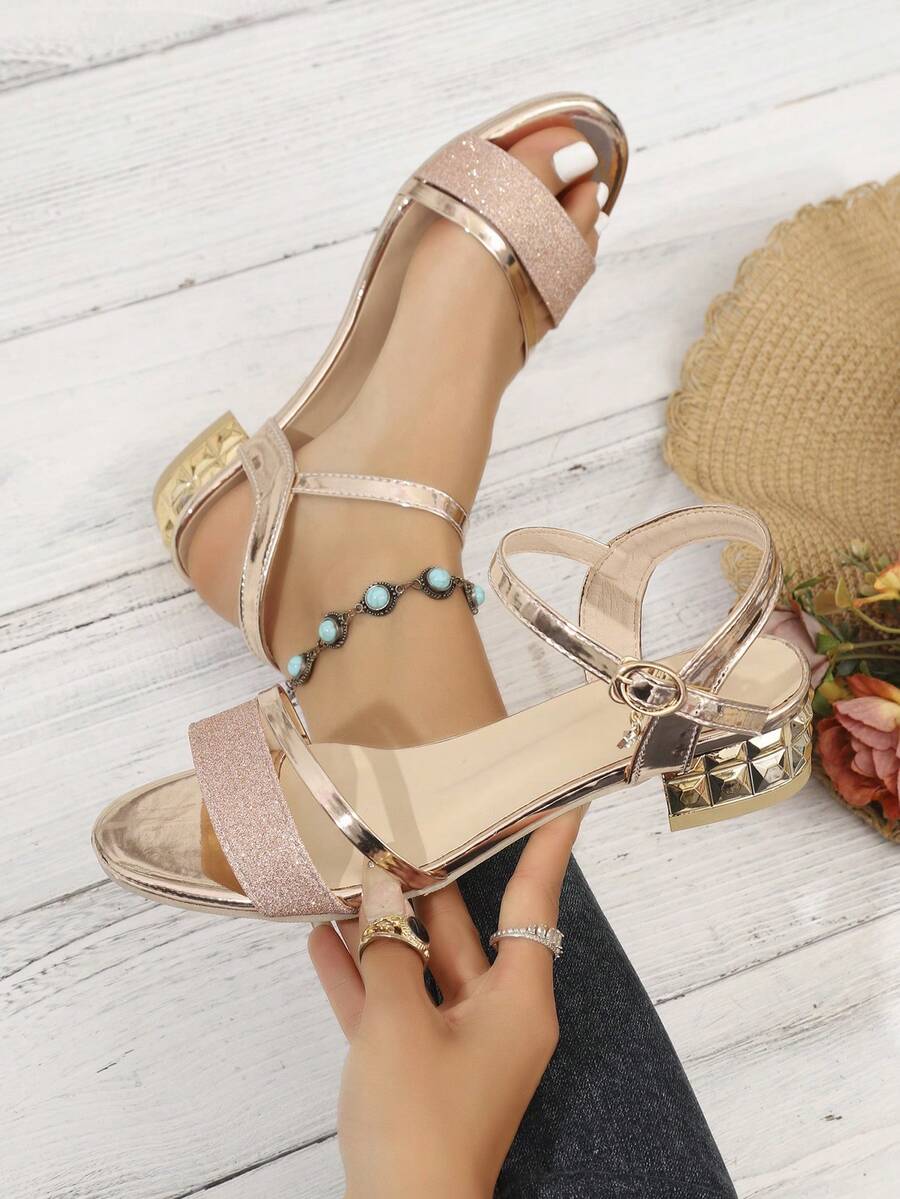 1 Pair Rose Gold Rhinestone Open Toe Sandals, Luxury Rivet Thick Heel Shoes, Suitable For Teenagers Party & Casual Wear In Summer - Rose Gold - View 1