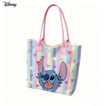 Túi tote vải canvas Disney Stitch, túi đeo vai in sọc pastel và hình trái tim dễ thương, thích hợp sử dụng hàng ngày. - Hồng - Xem 2