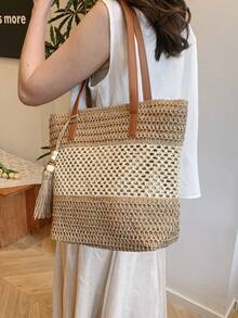 New Colorblock Tassel Handmade Woven Bag, Large Capacity Beach Bag, Women's Holiday Beach Tote, Travel Straw Shoulder Bag - Multicolor - View 9