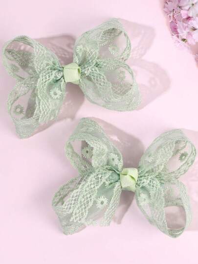 2个/套 可爱雏菊绿色蕾丝发夹，甜美花卉装饰时尚发夹，适合日常佩戴和派对发饰