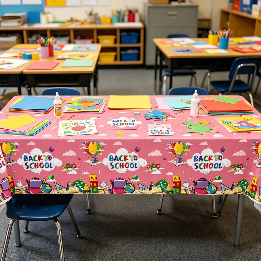 1/3 PCS Pink Back-To-School Tablecloth, Plastic One-Time Welcome Back Tablecloth, Suitable For Back-To-School Party Supplies - View 1