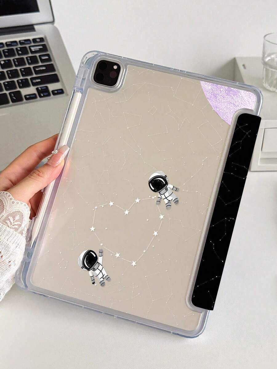 A Cute Cartoon Astronaut Heart-Shaped Acrylic Transparent Crystal Back Cover, Shock-Proof, Suitable For IPad 7th, 8th, 10th Generation (10.2 Inch), Built-In Pen Slot, Support Sleep/Wake Function, Ideal Gift Choice - Multicolor - View 1