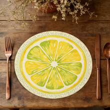 A Circular Placemat With Fresh Lemon Slices And Lace Patterns, Suitable For Use In Spring, Summer, Autumn, And Winter. It Adopts A Multi-Color Pattern Design And Is Woven From 100% Polyester Fiber. - Multicolor - View 4