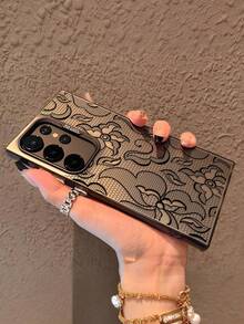 1个磨砂TPU手机壳，兼容三星Galaxy S25/S24/S23/S22 Ultra（国际版，非国产），防摔防刮，优雅蕾丝设计，深色镂空花卉图案，深灰色磨砂极简蕾丝风格手机壳 - 彩色 - 查看 3