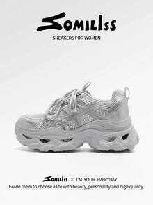 somiliss 女士6厘米厚底时尚厚底运动鞋，薄网布和皮革拼接，舒适轻便休闲步行鞋，适合日常通勤穿着，2026夏季新款灰色 - 淺灰色 - 查看 4