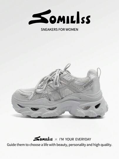 somiliss Women's 6cm Platform Thick Sole Fashion Chunky Sneakers, Thin Mesh & Leather Patchwork, Comfortable Lightweight Casual Walking Shoes, Versatile For Daily & Commute, 2026 Summer New Gray