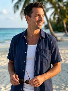 Hawaiian Style Linen Loose Casual Men's Henley Collar Short Sleeve Shirt - Navy Blue - View 2