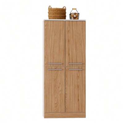 Kitchen Pantry Cabinet, High Küchenschrank 4-Türig, Kühlschrank-ähnlicher Vorratsschrank Mit Verstellbaren Böden, Gross Essschrank Mit Metallgriffen & Kippschutz, 76x42x180cm, Eiche Optik