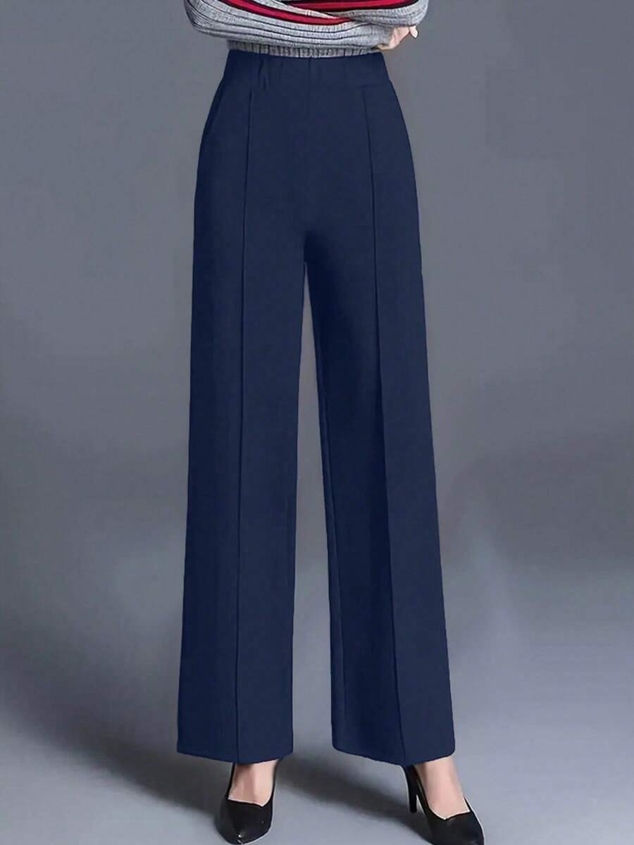 女士新款纯色高腰阔腿裤,修身直筒裤,百搭办公服饰 - 藏蓝色 - 查看 1