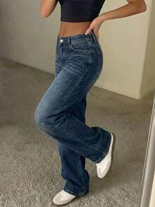 Women's Retro Straight Leg Stacked Jeans Casual Fall - Navy Blue - View 4