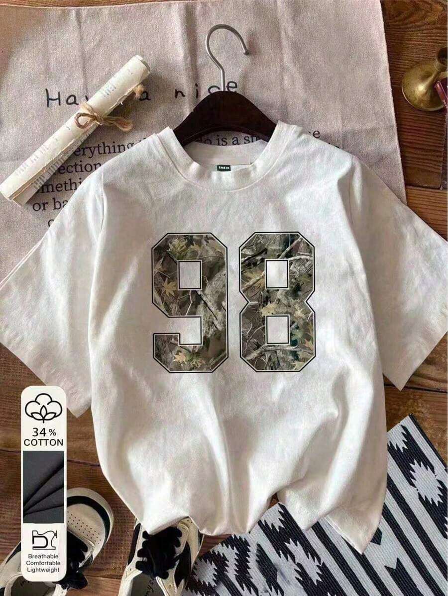Camiseta Casual de Mujer con Cuello Redondo, 34% Algodón, Estampado de Camuflaje y Número 98, Ajustada, Ideal para el Verano - Blanco - Ver 1