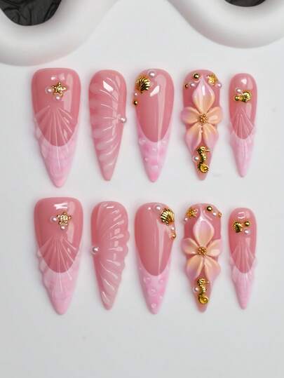 10片/套 手工杏仁形美甲贴片，海洋主题，Y2K 酷炫风格，裸色和粉色法式美甲贴片，雕刻花朵、海星、贝壳、海马、珍珠、珠子和波浪纹图案，适合派对、舞会和日常佩戴，包含美甲工具，是送给女性和女孩的绝佳礼物。