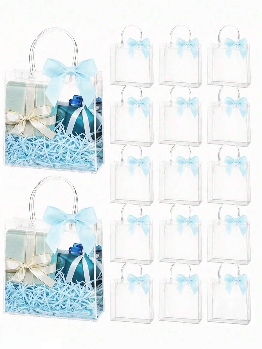 5pcs/10pcs 5.90 X 5.1 Inch Reusable Clear Plastic Gift Bags With Blue Ribbon Bow, Suitable For Wedding, Birthday Party, Baby Shower, Graduation Party - Multicolor - View 1