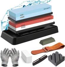 Juego de Piedra de Afilar, Piedra de Afilar de Grano 400/1000 y 3000/8000, Afilador de Piedras para Cuchillos Profesional con Base de Silicona Antideslizante, Guantes, Compuesto Pulido etc - 1 - Ver 2