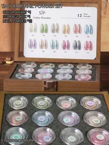 Set de 12 colores de polvo de uñas de espejo mágico con tarjeta de colores y caja de almacenamiento, decoración de arte de uñas DIY, adecuado para principiantes en el arte de uñas - Multicolor - Ver 4