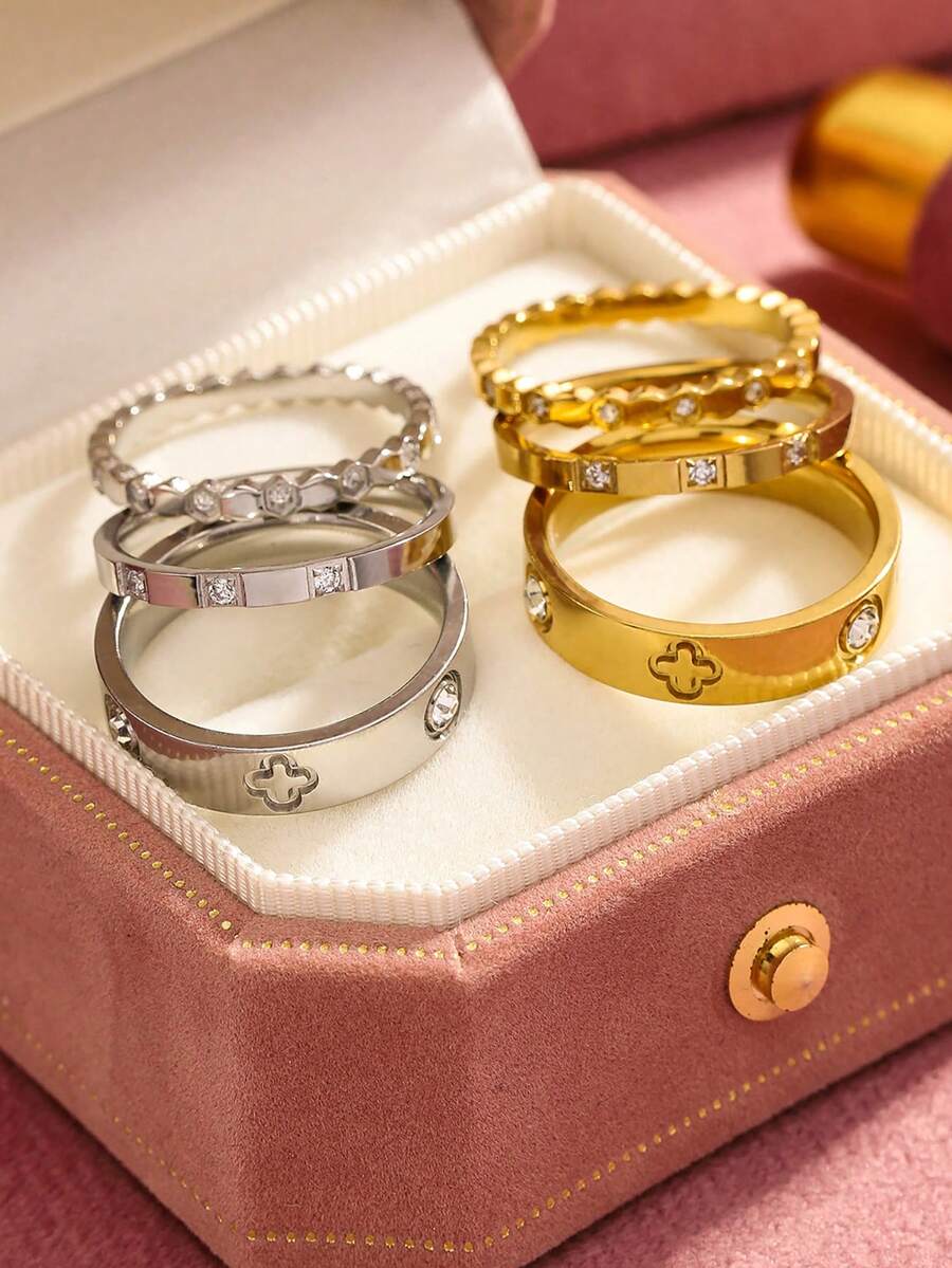 Set de 3 anillos de acero inoxidable con circonita cúbica en color dorado/plateado con diseño de trébol, adecuados para uso diario, citas, vacaciones y apilar - Dorado - Ver 1