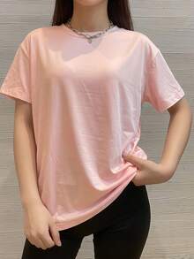 Black Loose Casual Drop Shoulder Short Sleeve T-Shirt Sports - Pink - View 5