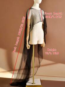 1pc Black Sheer Poncho, Short Front Long Back, Party, Wedding, Event Accessory Wrap - Black - View 6