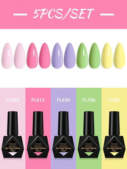 FOUR LILY 5pcs 10ml Macaron Color Gel Nail Polish Set, HEMA TPO FREE Semi Permanent Soak Off UV Gel Varnish For Summer Nails, Long Lasting, Lead-Free DIY Nail Art Design All For Decoration, Manicure Painting Gel Varnish For Salon And Home Nail Supplies