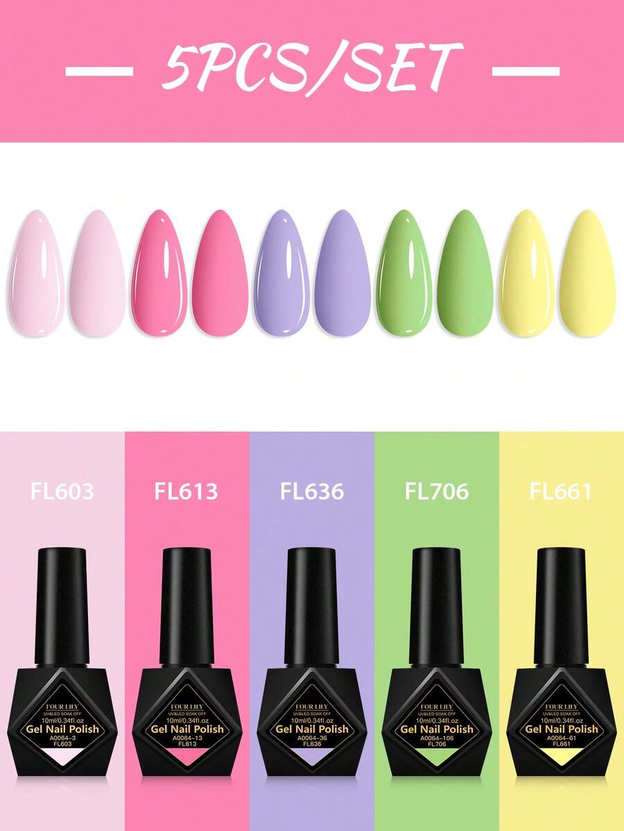 FOUR LILY 5件組 10ml 馬卡龍色凝膠指甲油，無HEMA、無TPO 半永久可浸泡卸除 UV 凝膠指甲油，持久、無鉛 DIY 美甲裝飾，美甲沙龍與居家美甲用品