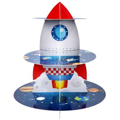 3-Tier Rocket Themed Cupcake Stand, Cardboard Galactic Style Dessert Display Tower For Party Decorations. This Rocket-Inspired Cupcake Stand Is A Must-Have For Game Enthusiasts And Those Who Want To Add A Fun Element To Their Dessert Table, Leaving A Lasting Impression On Guests.