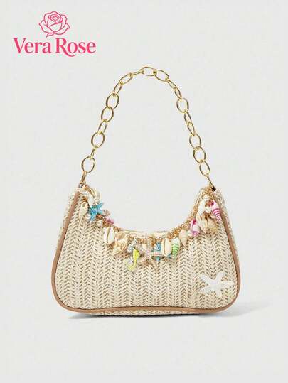 Bolso de paja de estilo campestre con vacaciones de color de contraste minimalista y de moda, bolso cruzado con diseño único de cadena de metal, decoración de cadena de metal de concha multicolor, elegante y versátil bolso de mujer para debajo del brazo, adecuado para compras, cenas, citas, vacaciones y otras ocasiones