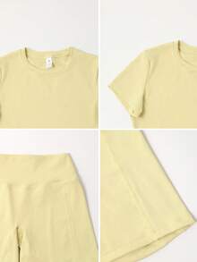 Women's Simple Solid Color Short Sleeve Shorts Sports Suit Summer - Yellow - View 3