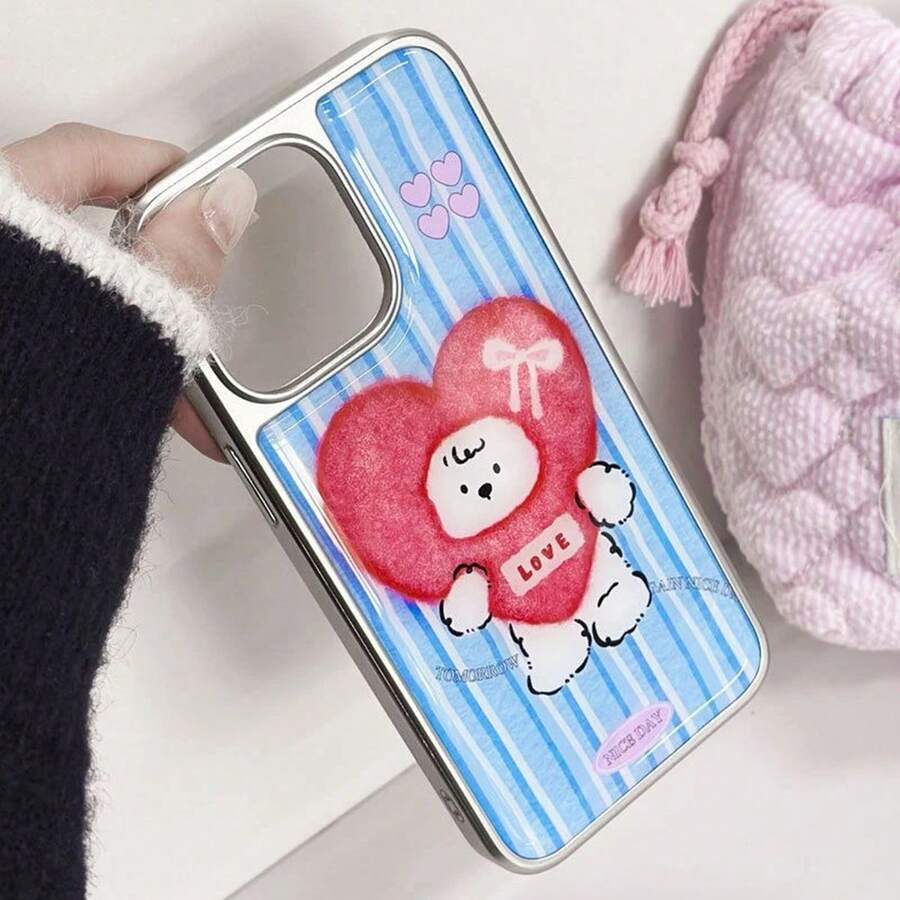 1 pieza Funda de teléfono con diseño de perrito con forma de corazón compatible con iPhone 17 Pro Max, 16, 14, 13, 15, lindo dibujo animado enchapado - Plateado - Ver 1