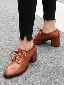 Women's Lace Up Brogue Oxfords Pumps Fashion Mixed Colors Patchwork Chunky Heels Round Toe Formal Dress British Style Shoes Woman - 棕色 - 查看 9