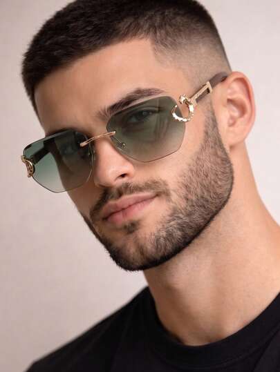 1 Pair Men's Asymmetrical Frameless Luxury Metal & PC Leg Splicing Fashion Glasses, Green Top Gray Bottom