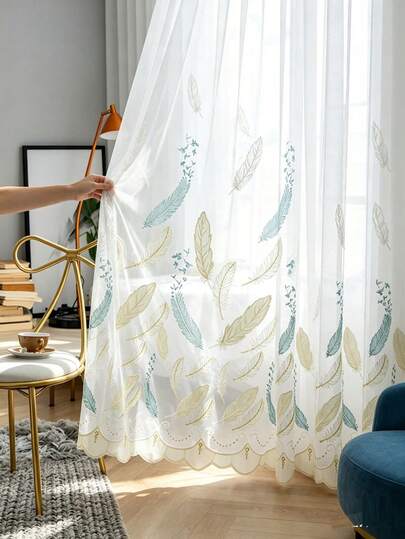 1pc Nordic Style Feather Bird Embroidered Sheer Curtain, Modern Minimalist Living Room Balcony Floor-To-Ceiling Window Semi-Sheer Decor
