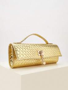 Noctella Fashionable Luxury Gold Crocodile Embossed PU Clutch Bag, With Shiny Metallic Silver Finish, Accented By Square Lock Clasp And Cylindrical Handle. Ideal For Attending Galas, Cocktail Parties And Red Carpet Events, Effortlessly Creating A Bold And Glamorous Fashion Statement. A Perfect Gift For Women. - Gold - View 3