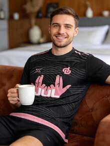 Men's Customized Name & Number Black Pink Striped Short Sleeve T-Shirt, Soft Breathable Quick-Dry Comfortable Casual Sports Wear, Suitable For Daily Wear And Football Sports - Multicolor - View 3