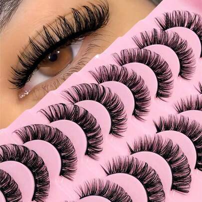 10 Pairs D Curl Russian Stripe False Eyelashes, Natural Fluffy Faux Mink Lashes, Curled Long Fox Eye Lifting Fake Eyelashes