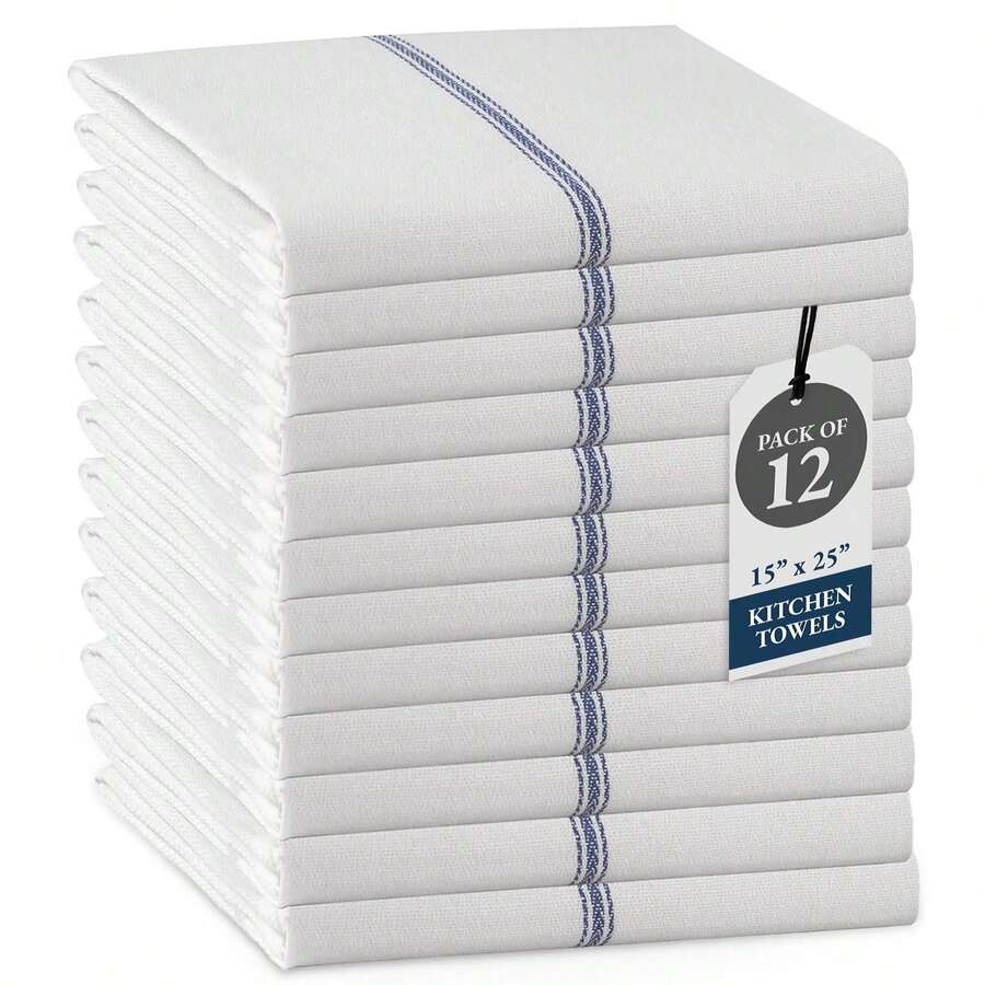 Kitchen Towel Set, 100% Cotton Hand Towels For Kitchen, Dish Towels For Drying Dishes, Lint Free, 14"X25", Good For Cleaning Windows, Ceramic Surface, Glass Stovetops - 藍色條紋 - 查看 1