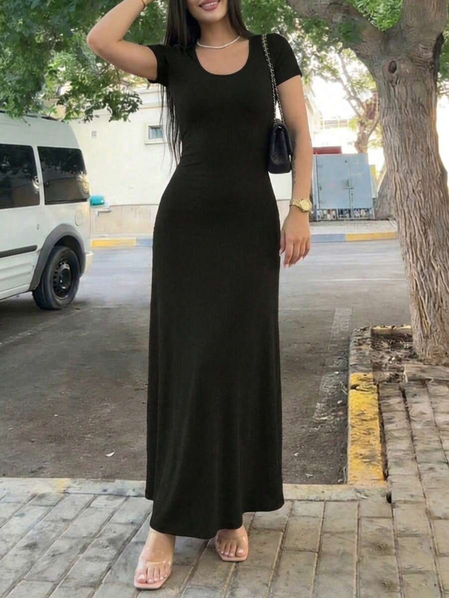 女士纯色U领系腰短袖连衣裙,春夏优雅款 - 磨砂黑 - 查看 1