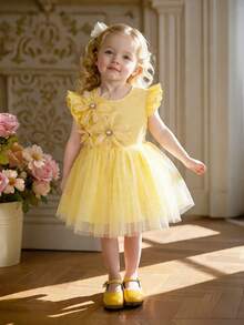 Girls' Best-Selling Light Yellow Mesh A-Line Princess Dress, V-Neck Zipper Design, Sweet Casual Cute Style, Spring/Summer - Yellow - View 1